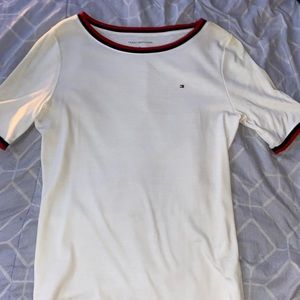 Tommy hilfigure white tee, with red and blue striped collar.